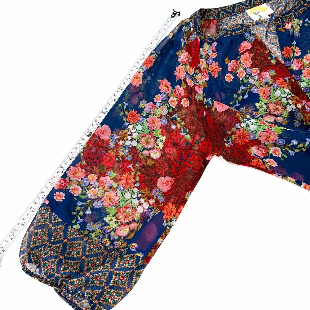 Anthropologie Fig & Flower Floral Sheer Boho Blouse Medium Blue Red Peasant Top - Picture 7 of 11